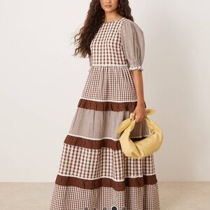 Neon Rose Gingham ruffle detailed puff sleeve smock dress in brown